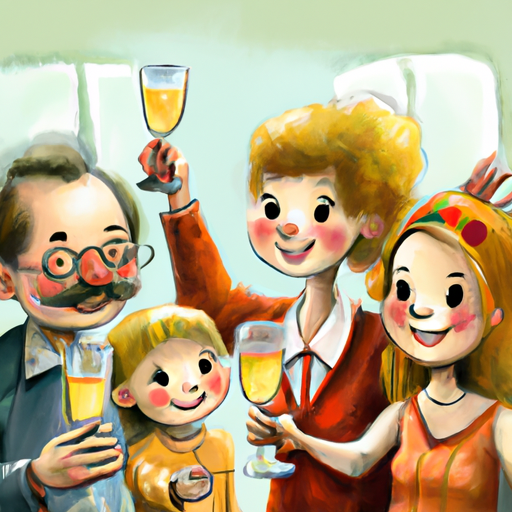 תמונה של משפחה חייכנית מכינה טוסט עם כוסות שמפניה